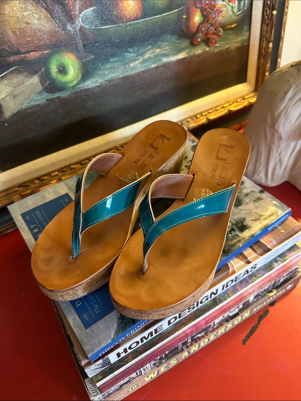 K.Jacques Teal Patent Thong Wedge Sandals